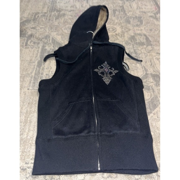 Lawman Western Jackets & Blazers - Lawman Jeans‎ Black Full Zip Vest Faux Fur Hood Sz Large Womens Bling Cross